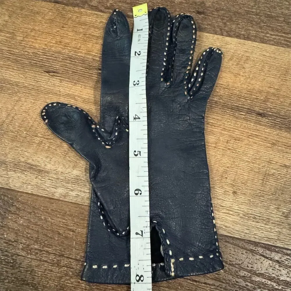 Small Vintage Navy Blue Leather Gloves White Trim Hand Stitch Wrist Length READ